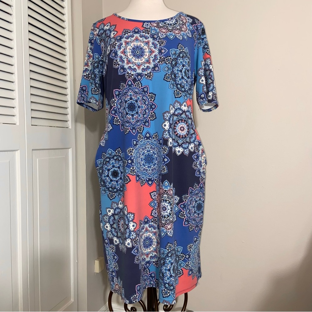 Sunsets & Sweet Tea Medallion Nylon Shirt Dress w Pockets Pink Blue L Large